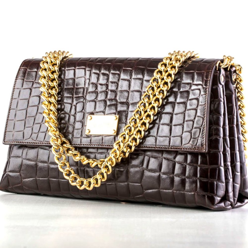 Betty Brown Crocodile Large Flap Shoulder Bag